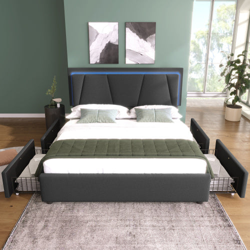 Polsterbett mit LED-Beleuchtung & 4 Schubladen