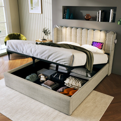 Polsterbett mit Stauraum, USB-Ladefunktion & Leselicht