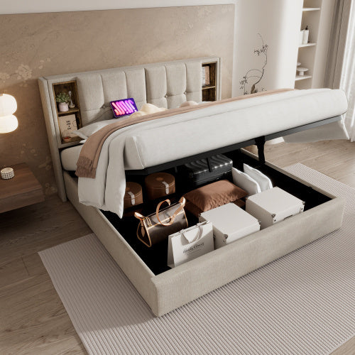 Polster-Doppelbett mit kabellosem Laden & Stauraum