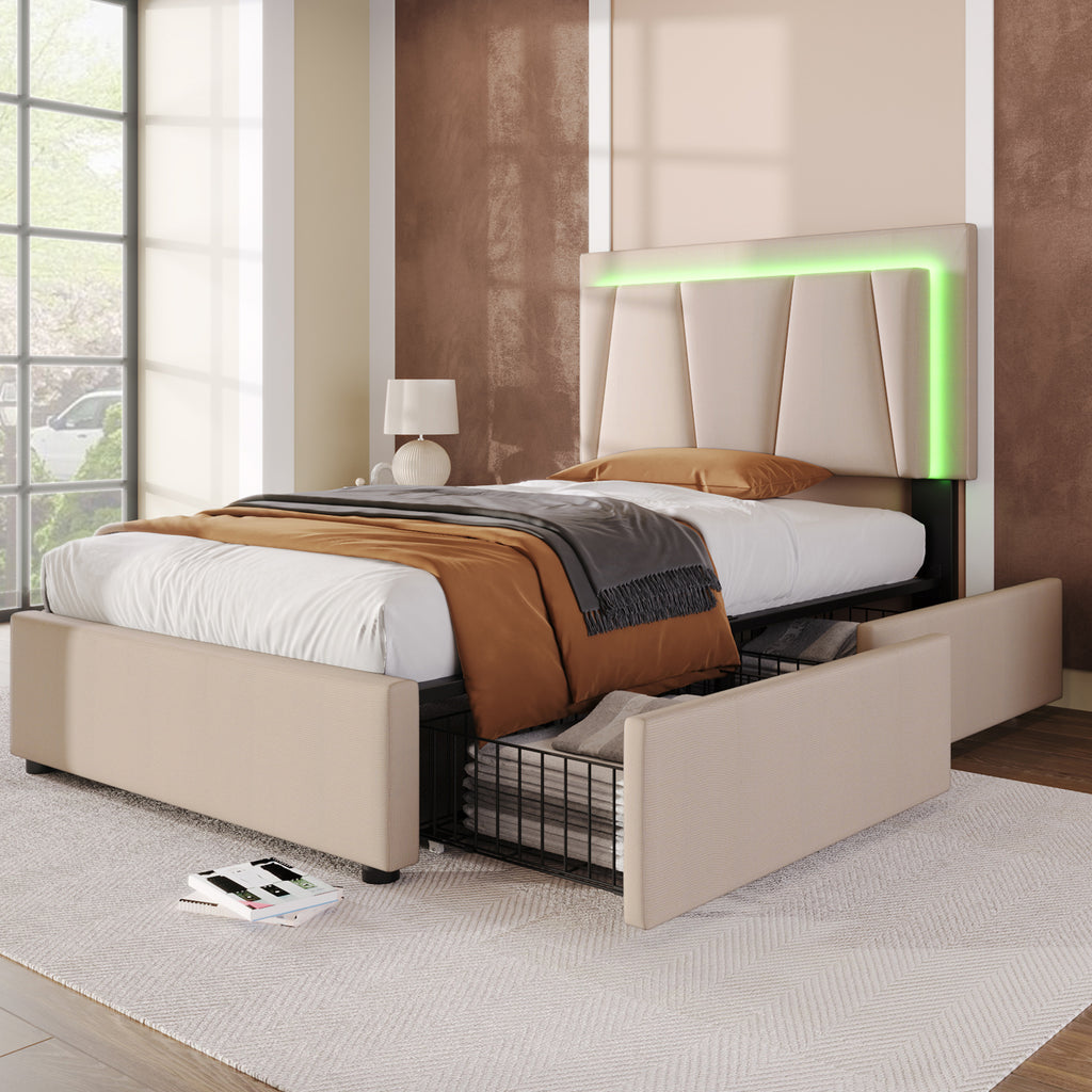Polsterbett mit LED-Beleuchtung & 2 Schubladen
