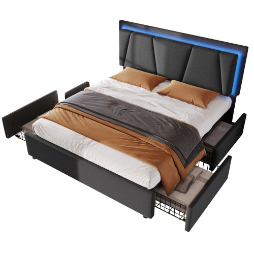 Polsterbett mit LED-Beleuchtung & 4 Schubladen