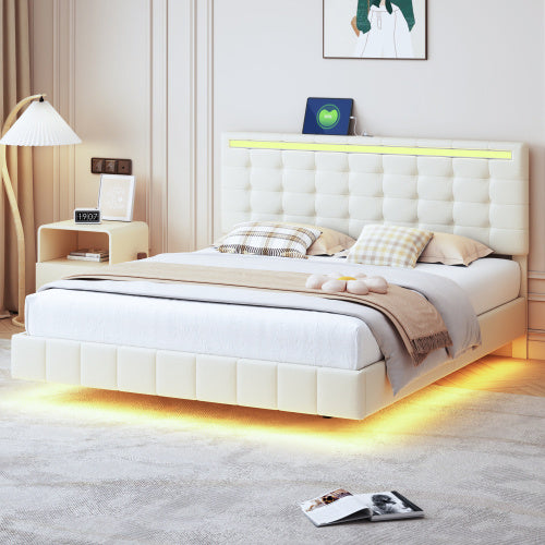 Schwebendes Polsterbett mit LED & Leinenbezug