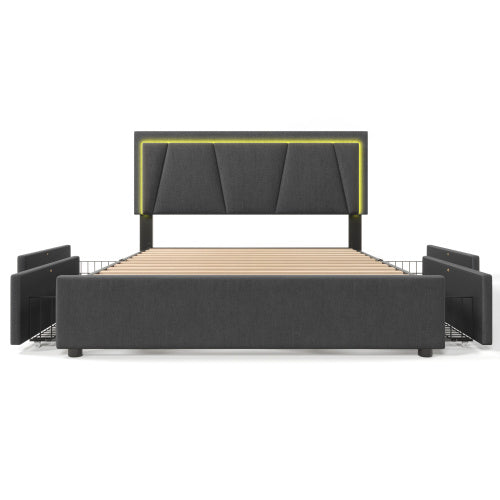 Polsterbett mit LED-Beleuchtung & 4 Schubladen
