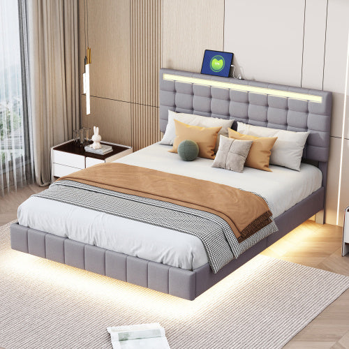 Schwebendes Polsterbett mit LED & Leinenbezug