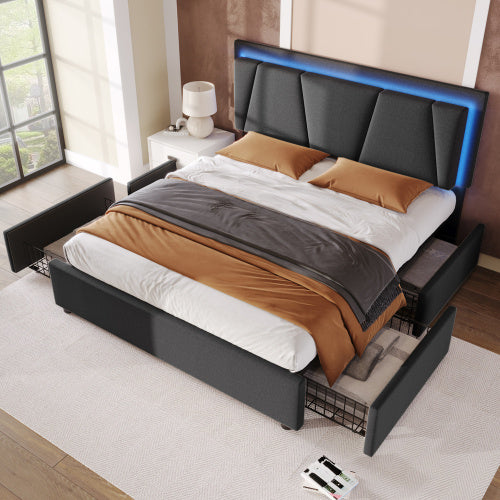 Polsterbett mit LED-Beleuchtung & 4 Schubladen