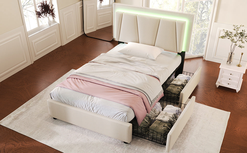 Polsterbett mit LED-Beleuchtung & 2 Schubladen