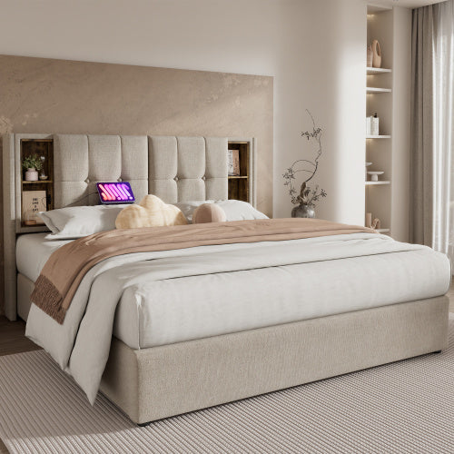 Polster-Doppelbett mit kabellosem Laden & Stauraum