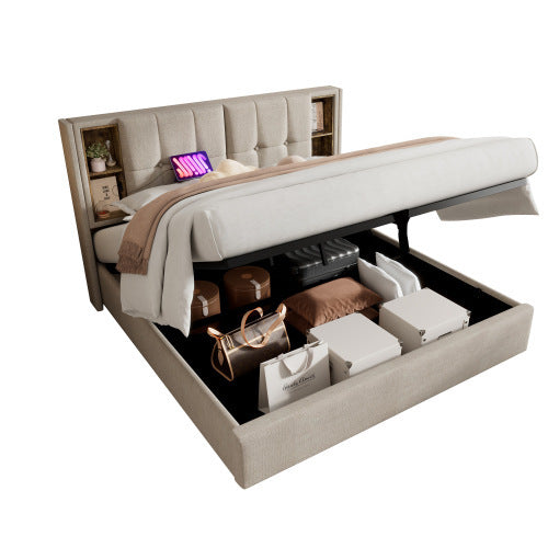 Polster-Doppelbett mit kabellosem Laden & Stauraum
