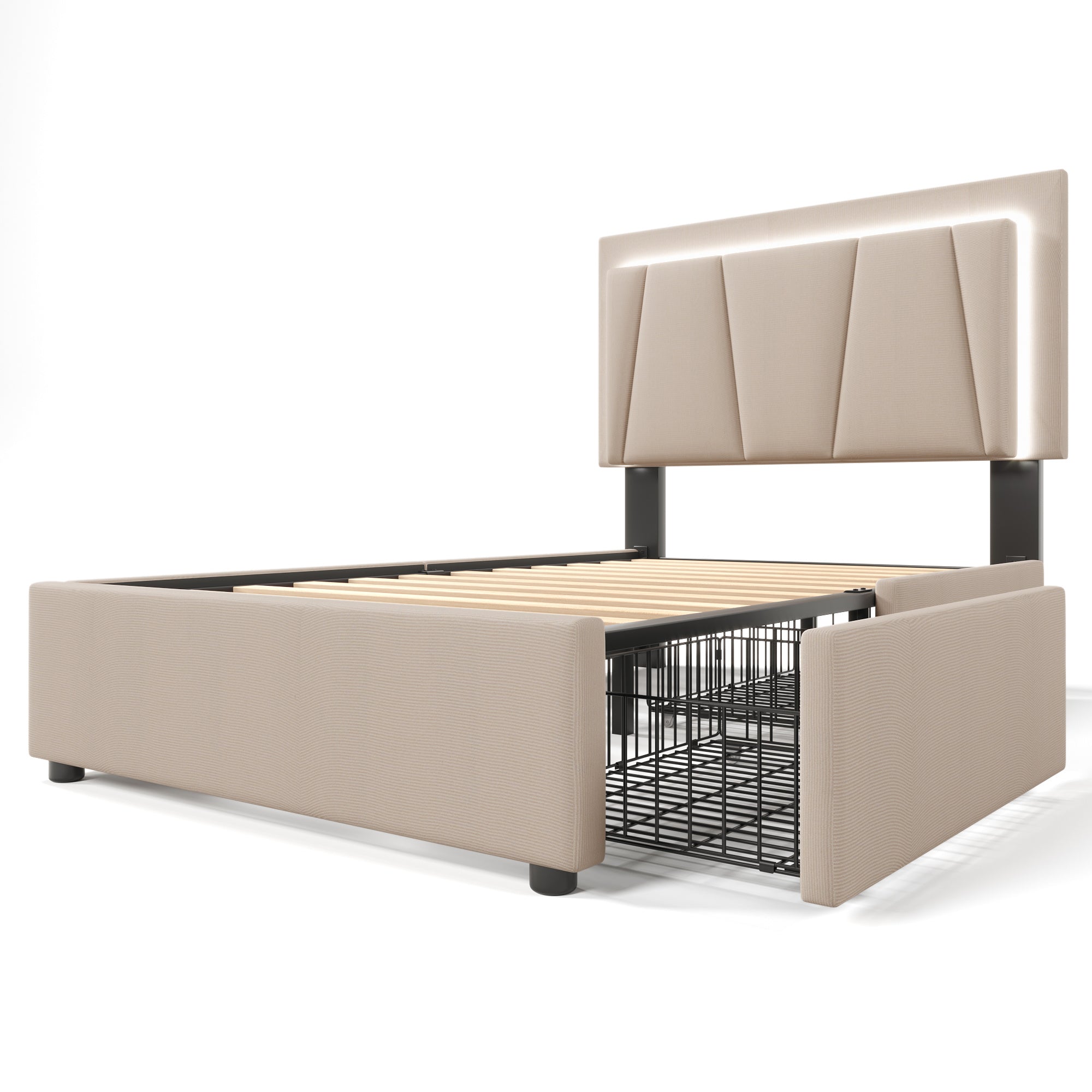 Polsterbett mit LED-Beleuchtung & 2 Schubladen