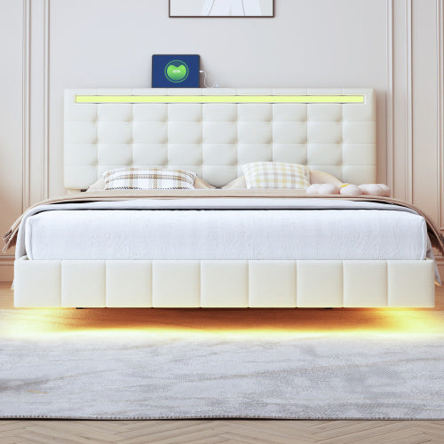 Schwebendes Polsterbett mit LED & Leinenbezug