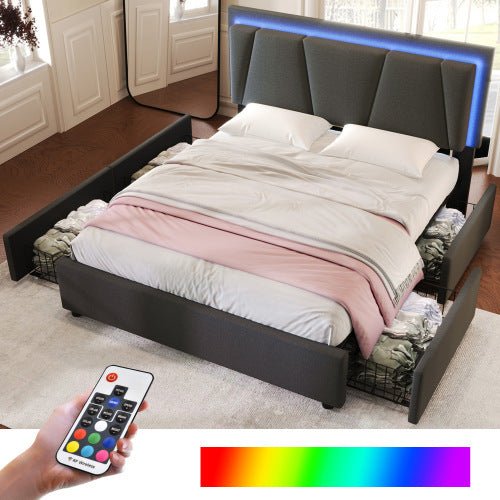 Polsterbett mit LED-Beleuchtung & 4 Schubladen