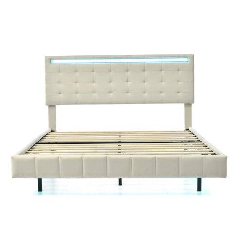 Schwebendes Polsterbett mit LED & Leinenbezug