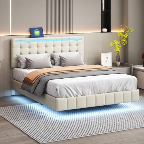 Schwebendes Polsterbett mit LED & Leinenbezug